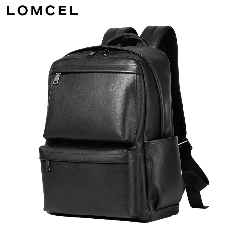 LOMCEL Leather Fashion Dual-Shoulder Bag for Men - Simple Solid Top-grain Cowhide Backpack with Multi-functional Computer