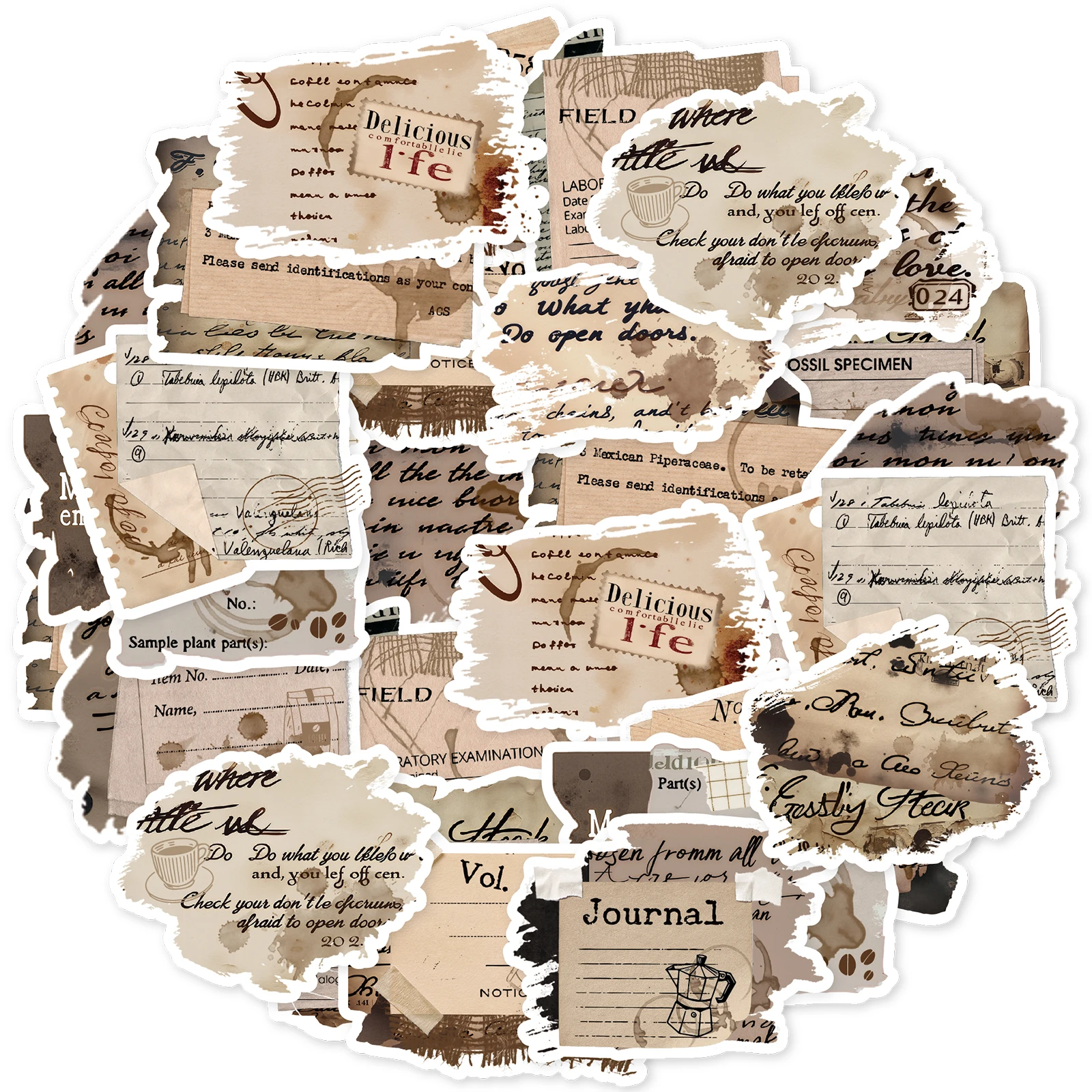 Etori Life Vintage Coffee Stain English Old Paper Stickers 30Pcs Retro Ticket Text Journal Decoration Stickers Suitable for Handmade Scrapbooking Supplies, Laptops, Suitcases, Guitars, Photo Albums, Bicycles, Office Decoration Accessories, Window Decorations, Envelope Seals, Birthday and Holiday Gifts, Artistic Aesthetics, Irregular Shapes, Multi-Purpose Stickers, Korean Stationery