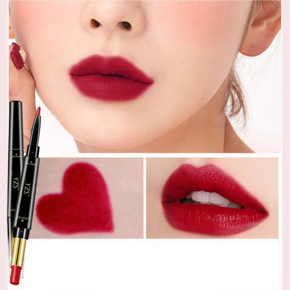 6 ألوان مزدوجة رئيس الشفاه بطانة غير عصا كوب مقاوم للماء 2 في 1 أحمر الشفاه ترطيب السلس المخملية قلم تحديد الشفاه ماكياج أداة