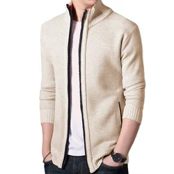 Men's Knitted Sweater Winter Thick Coat Long Sleeve Cardigan Stand Collar Fleece Male Zipper Blouse Causal Clothing for Autumn