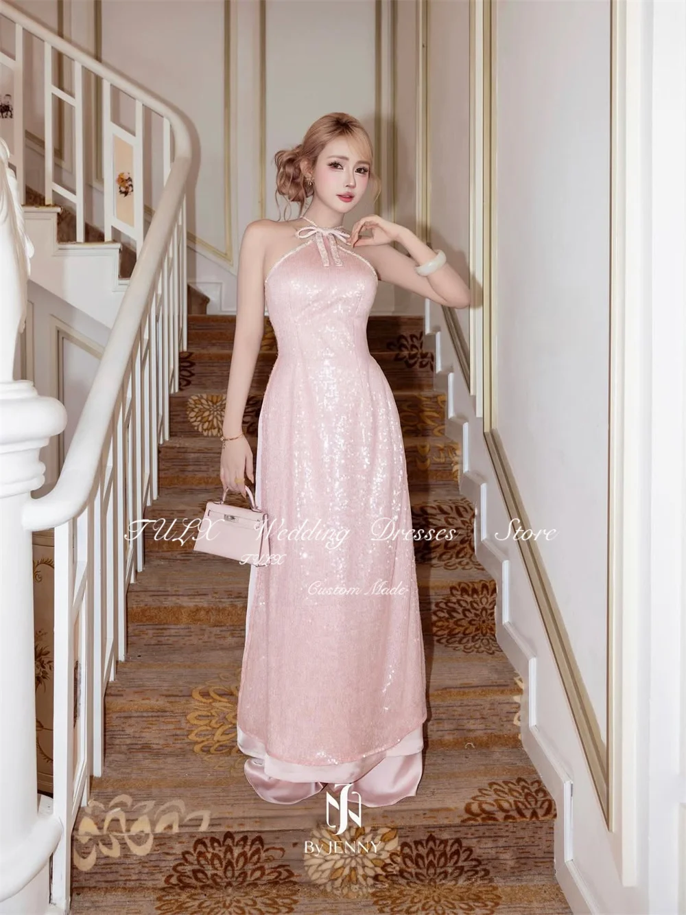 TULX 高級ピンクキラキラレースイブニングドレスホルターネックノースリーブパーティードレス A ラインロングフォーマルオケージョンドレスカスタマイズ 2026