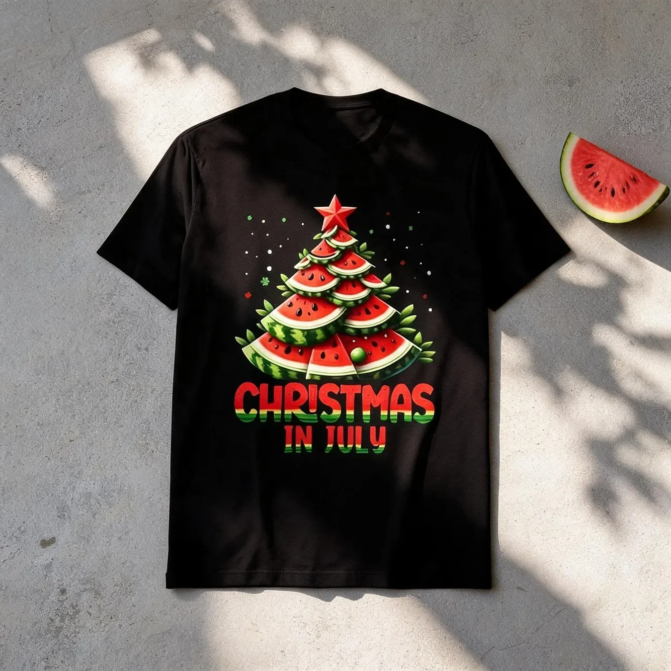 Watermelon Tree Graphic T Shirt Black Breathable Soft Casual Short Sleeve Comfortable Wear For Men And Women Casual Summer Wear Festive Graphic Tee Soft Texture Shirt