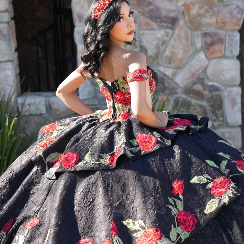 Schwarze Quinceanera-Kleider aus der Schulter, Applikation, Spitze, Perlenstickerei, Tüll, Party, Geburtstag, süßes 16-Kleid, Vestidos 15 De Anos