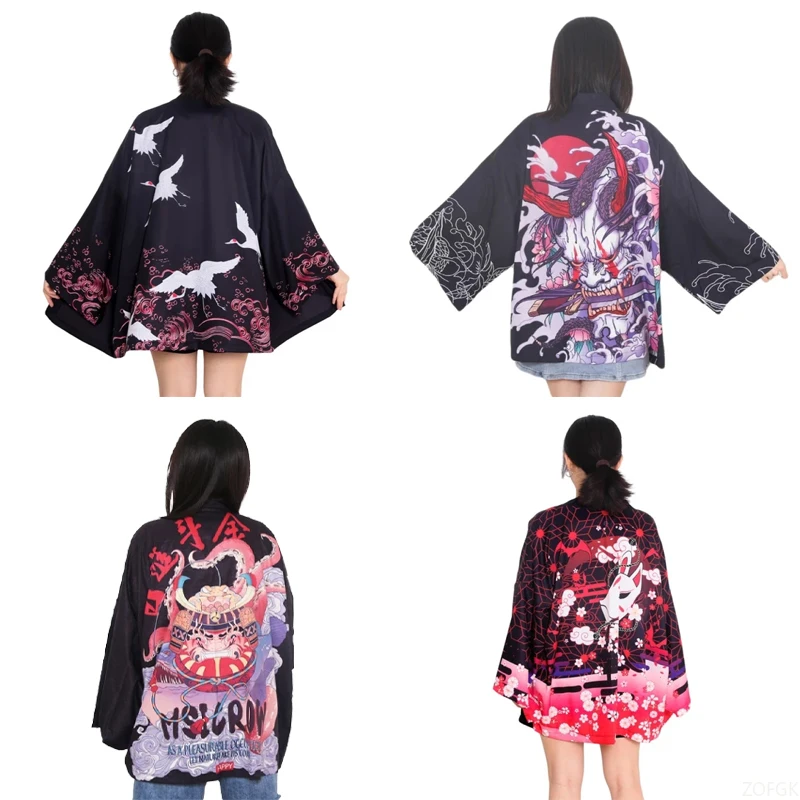 Retro Japanese Samurai Printed Kimono Streetwear Women's Cardigan Harajuku Harari Traditional Beach Cardigan