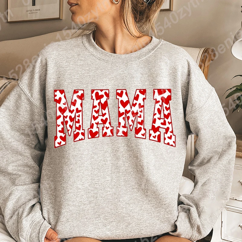 Valentine's Day Mama Print Pullovers Women New Fashion Long Sleeve Pullover Casual Hoodeless Sweatshirts Ladies Solid Color Tops