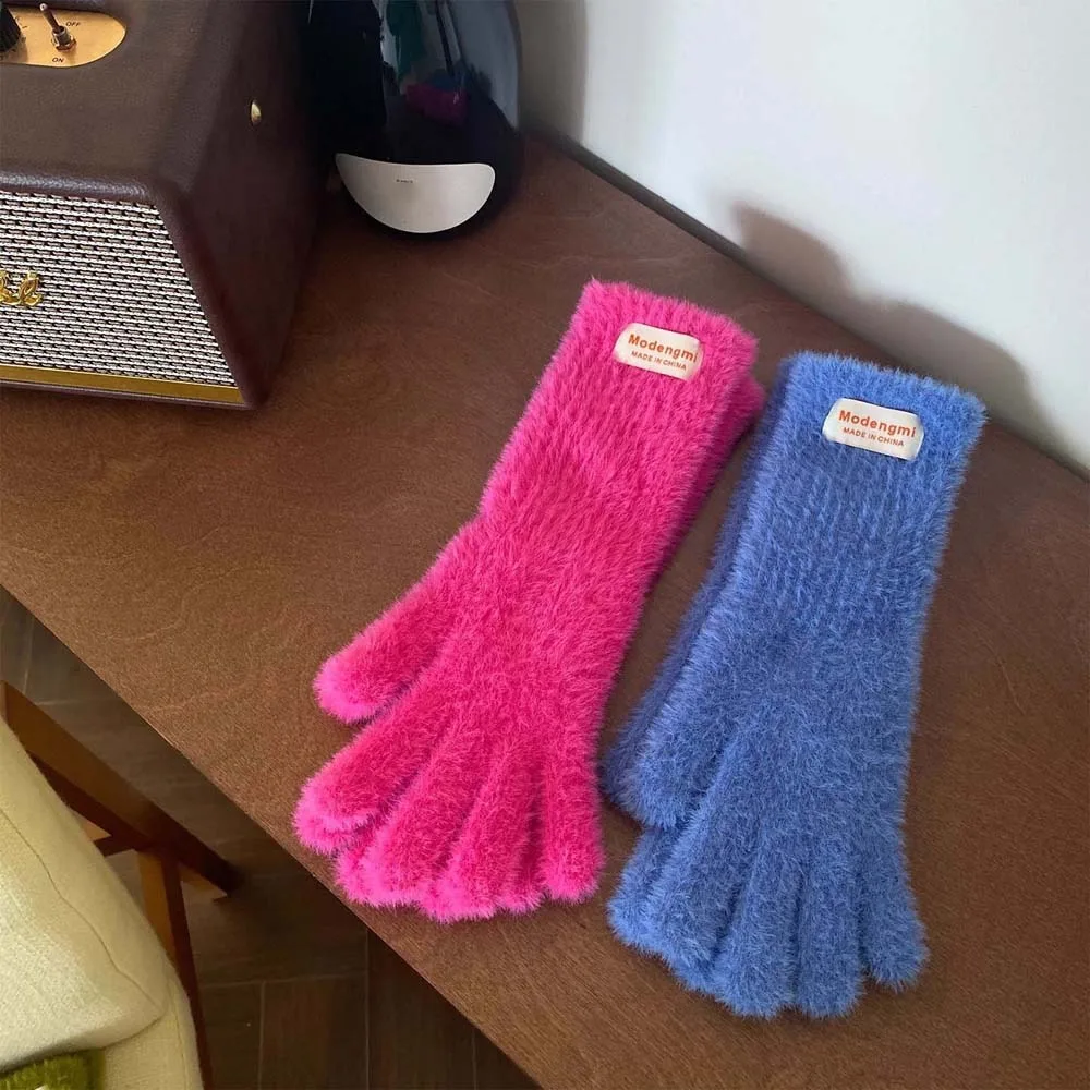 Fashion Y2K Soft Finger Gloves Touch Screen Windproof Candy Color Gloves Faux Rabbit Hair Thickened Anti-cold Mittens Women