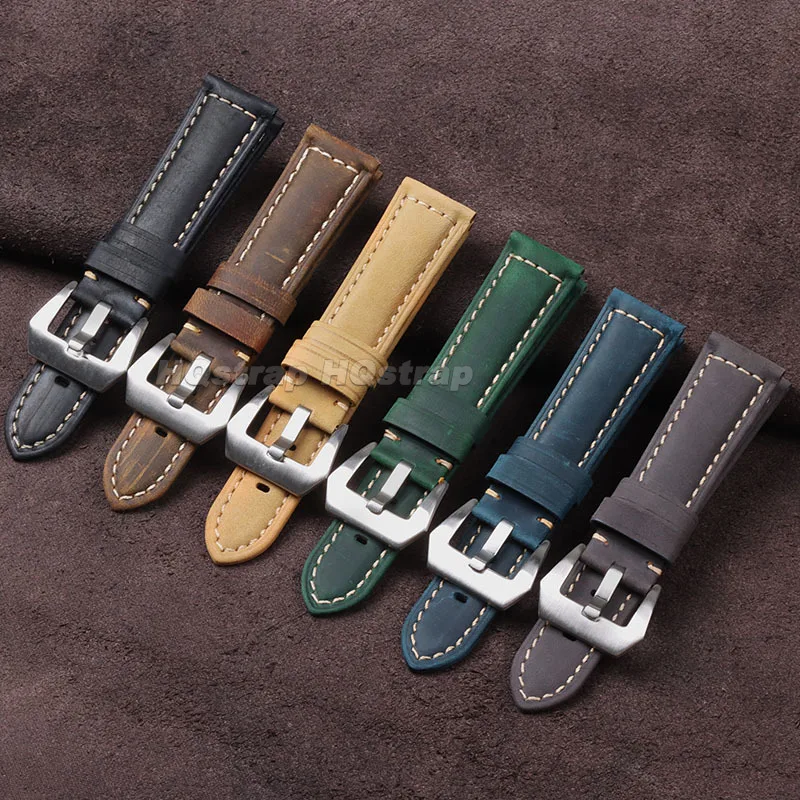 Vintage Crazy Horse Leather Watch Strap 20mm 22mm 24mm 26mm Distressed Retro Cowhide Bracelet for Panerai for Omega Wristband