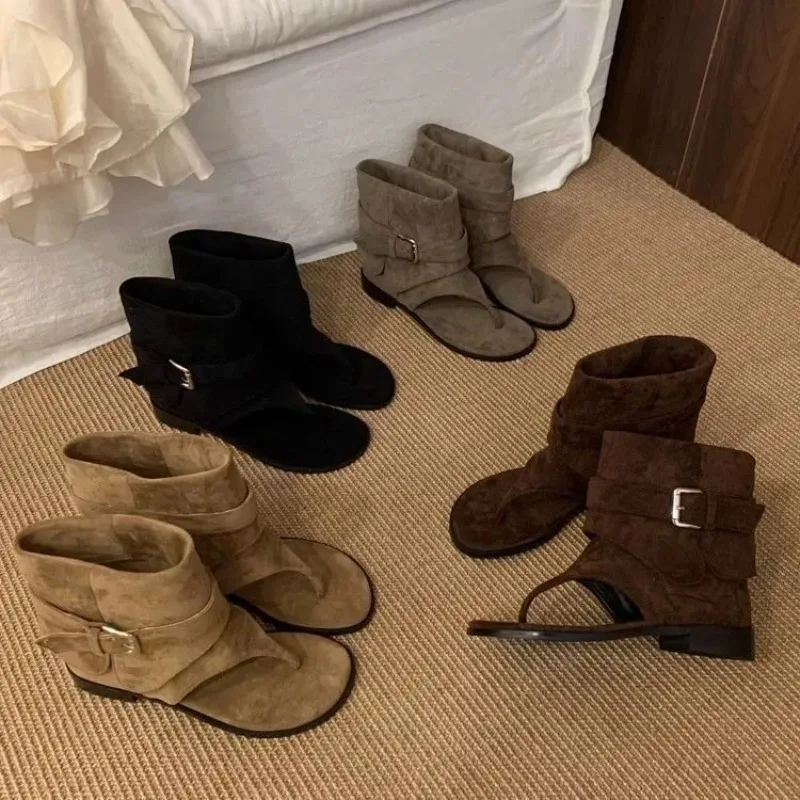Summer Trend Clip Toe Flat Sandals for Women Casual Dress Street Style Lightweight Comfort Trouser Boots Shoes Trouser Boots