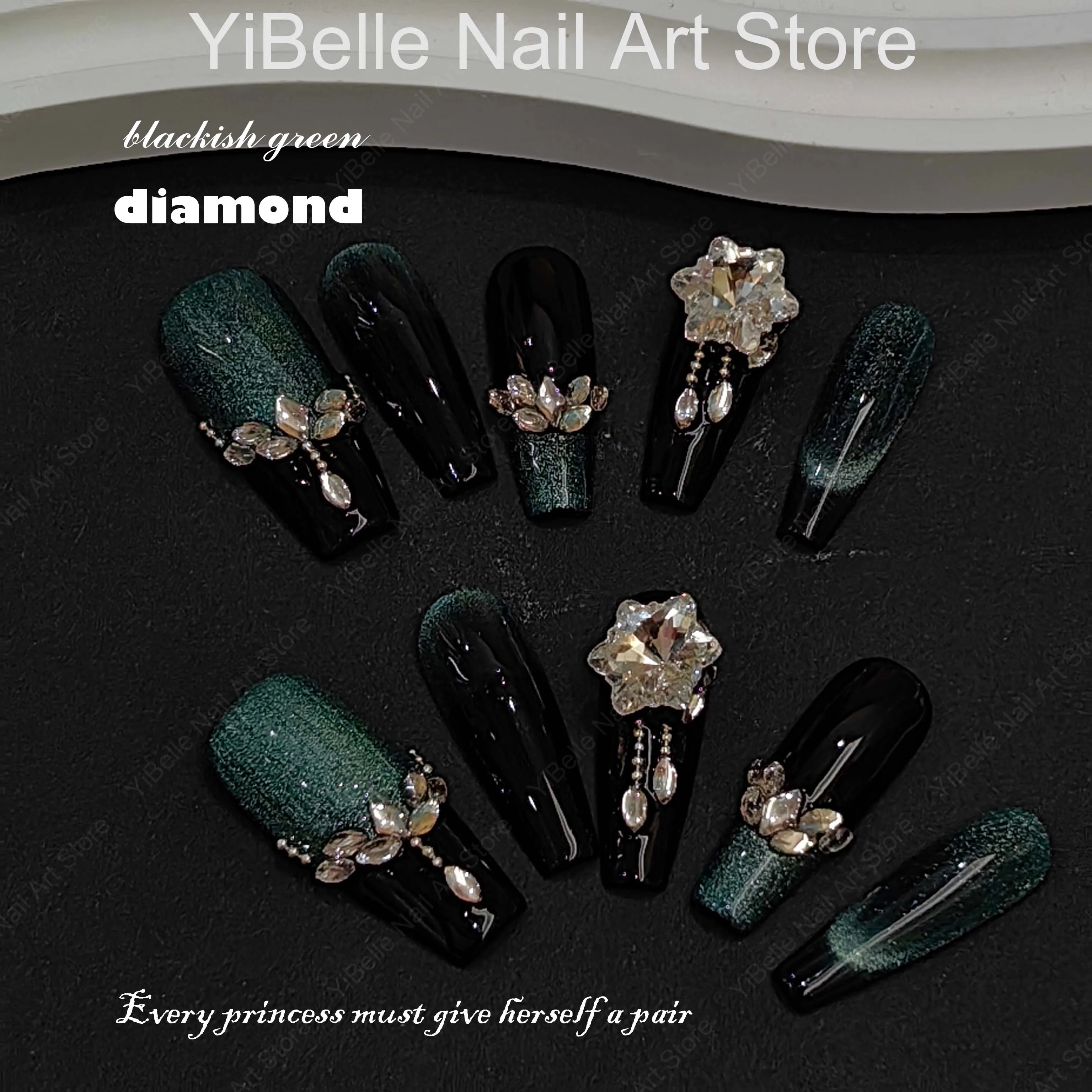 10Pcs Handmade Press On Nails French Green with Rhinestones High Quality Personality Wearable Decoration Full Cover Nail Tips Ar