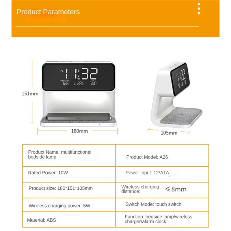 Sveglia con ricarica wireless e luci Stazione di ricarica per sveglia digitale dimmerabile per camera da letto, comodino, ufficio, durevole