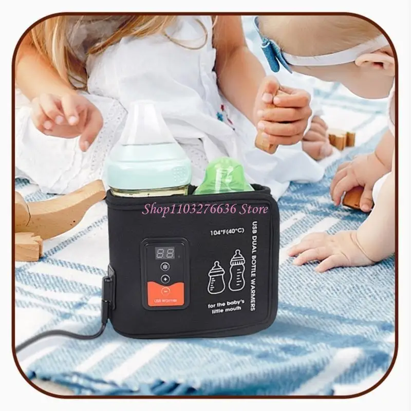 R6FD Double Bottle Warmer with Adjustable Temperature Breastmilk Heating Bag USB Charging Heater Cover Case for Travel