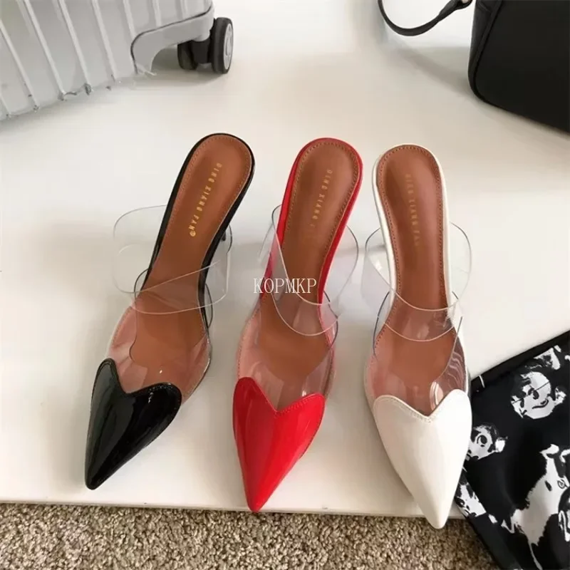 Wedding Shoes Women Patent Leather PVC Pumps Stiletto Sandals Pointed Toe Straps Heart Detailing At The Toes High Heel Slippers