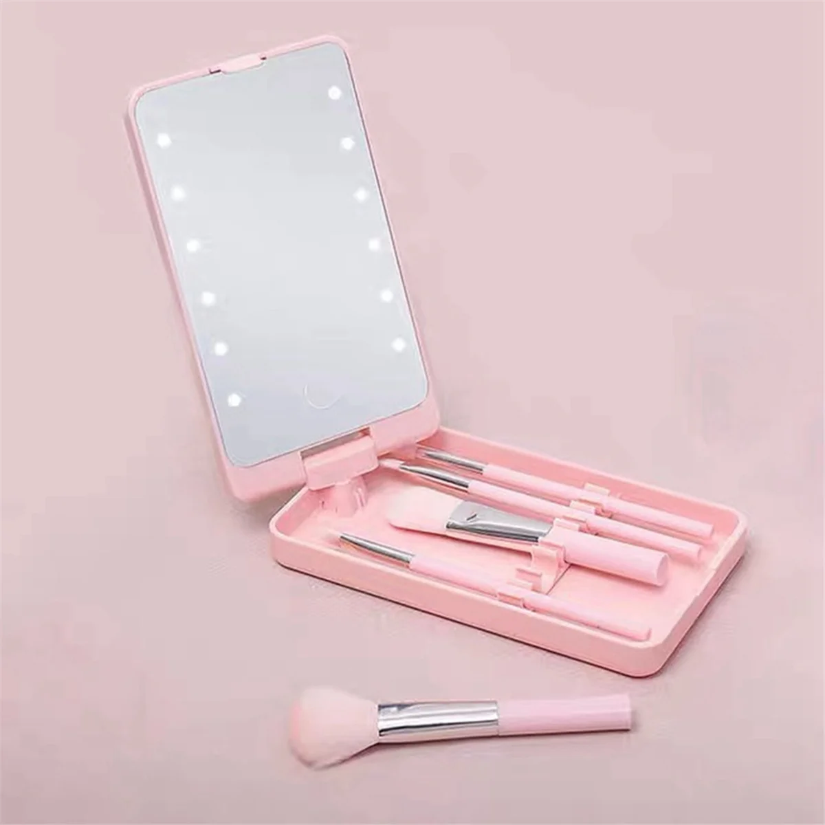 Miroir de maquillage portable avec 5 pinceaux, boîte de rangement, tactile LED, noir