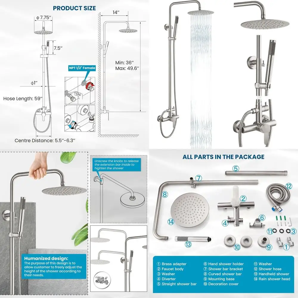 

Stainless Steel Outdoor Shower System with Dual Function 8 Showerhead and Handheld, High-Pressure, Brushed Nickel Finish