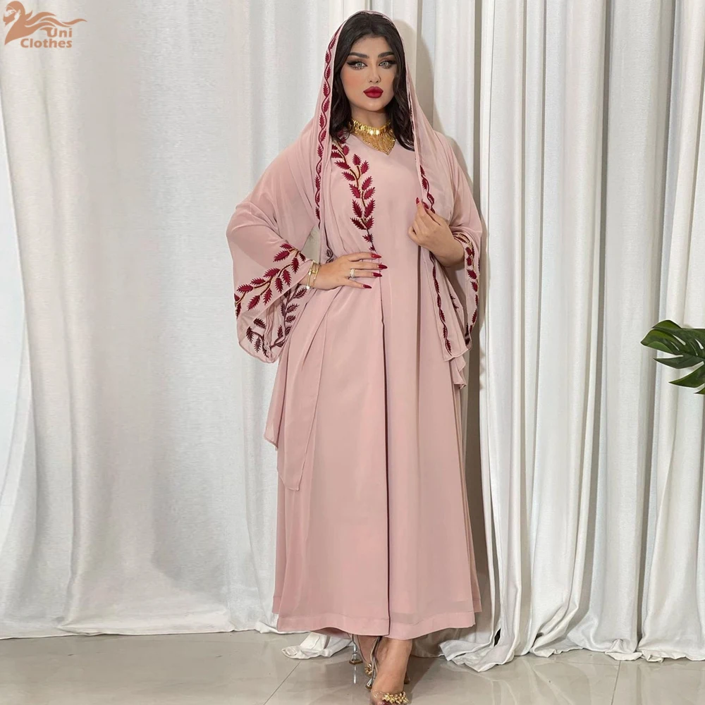 Eid mode musulmane broderie florale Abaya avec foulard en mousseline de soie tissu 2 pièces ensemble dubaï arabe col en v élégant robe à manches longues