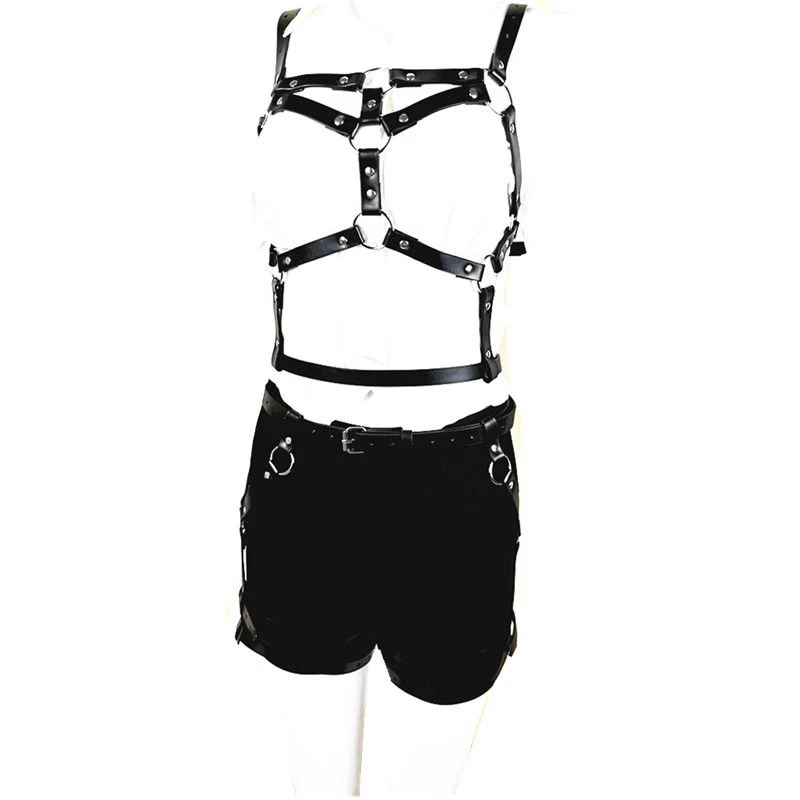 

Punk Black Leather Women Girdle Bondage Body Decorate Adjustable Fashion Belt Shirt Accessories Party Bar Cosplay Top+pants Suit