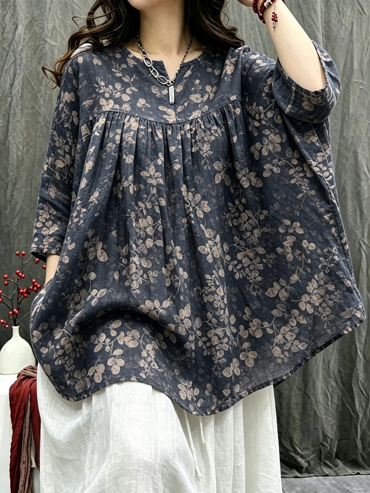 plus Size Cotton Linen Print T-Shirt Loose Base Shirt Top for Women Commute Style Artistic Loose Fit Seven Sleeve Summer New ...