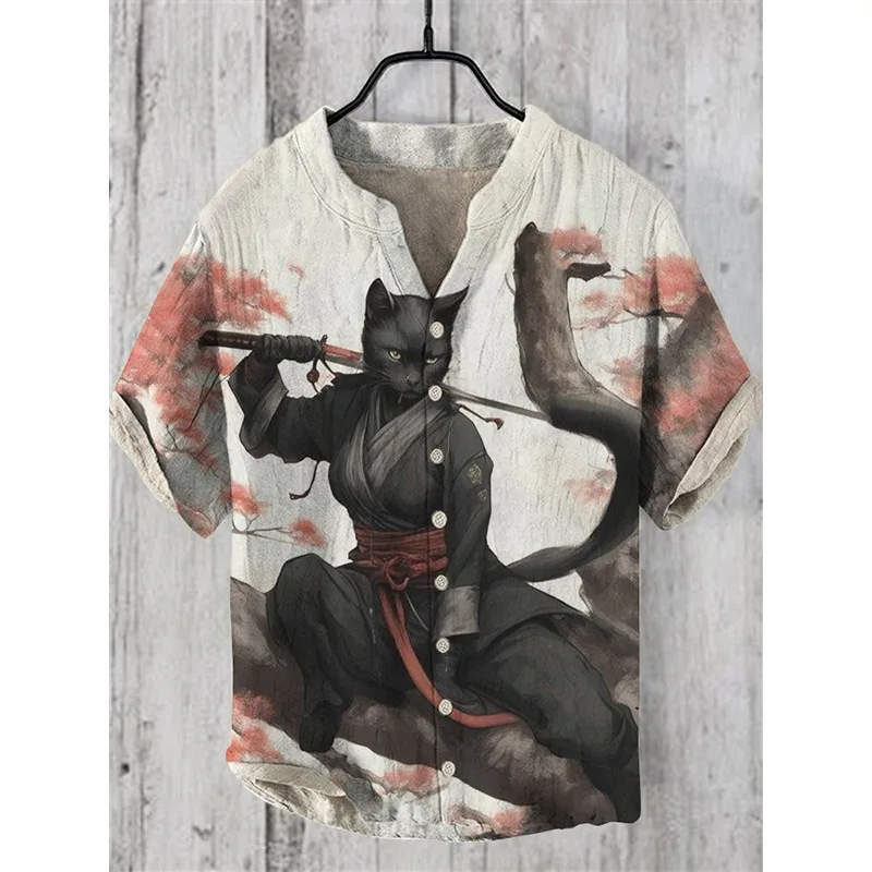 Sakura árvore samurai gato japonês impressão camisa casual harajuku verão hipster botão para baixo férias camisa casual camisas de praia