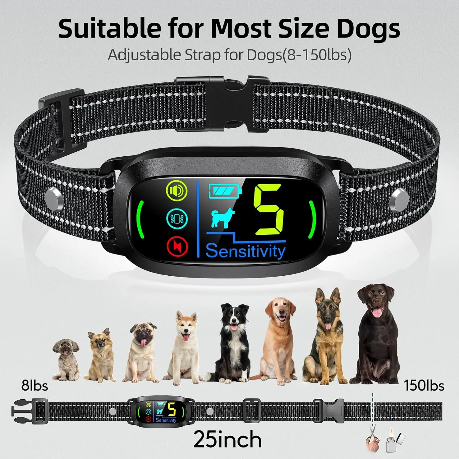 Advanced Smart Anti-Barking Dog Collar - Rechargeable, 5-Mode Training (Beep, Vibration, Shock) - Humane & Effective for Large,