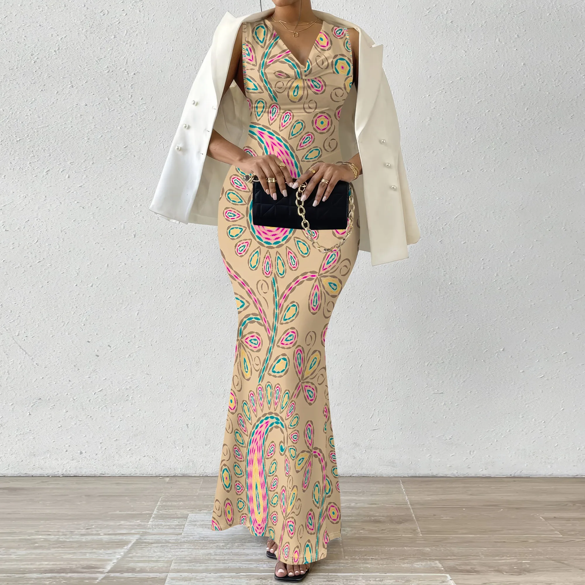 Ärmelloses Maxikleid mit Pfauenfeder-Print, Übergröße, Boho-Sommer-Party- und Urlaubskleid