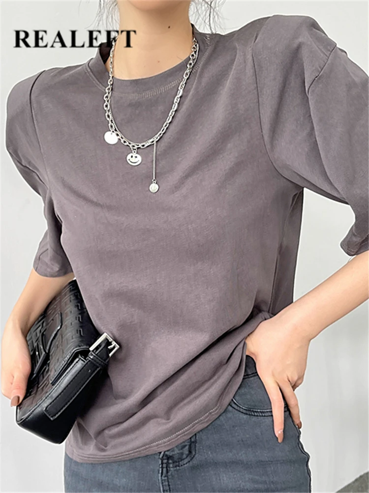 

REALEFT Summer 2022 New Women's T-shirts Cotton Vintage Classic Basic O-Neck Short Sleeve Casual Loose Shoulder Pads Tops Lady