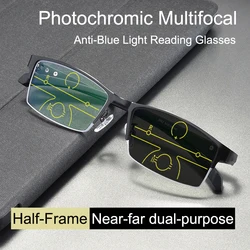2022 Transition Photochromic Multifocal Reading Glasses Men's Smart Progressive Anti Blue Ray Half-Frame Hyperopia Eyewear +2.5