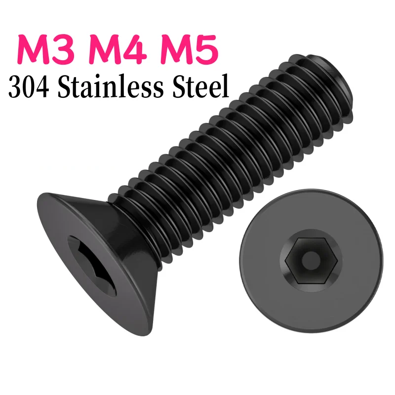 M3 M4 M5 Black 304 Stainless Steel Hexagon Hex Socket Countersunk Flat Head Screw Machine Bolts Screws Length: 5–30 mm