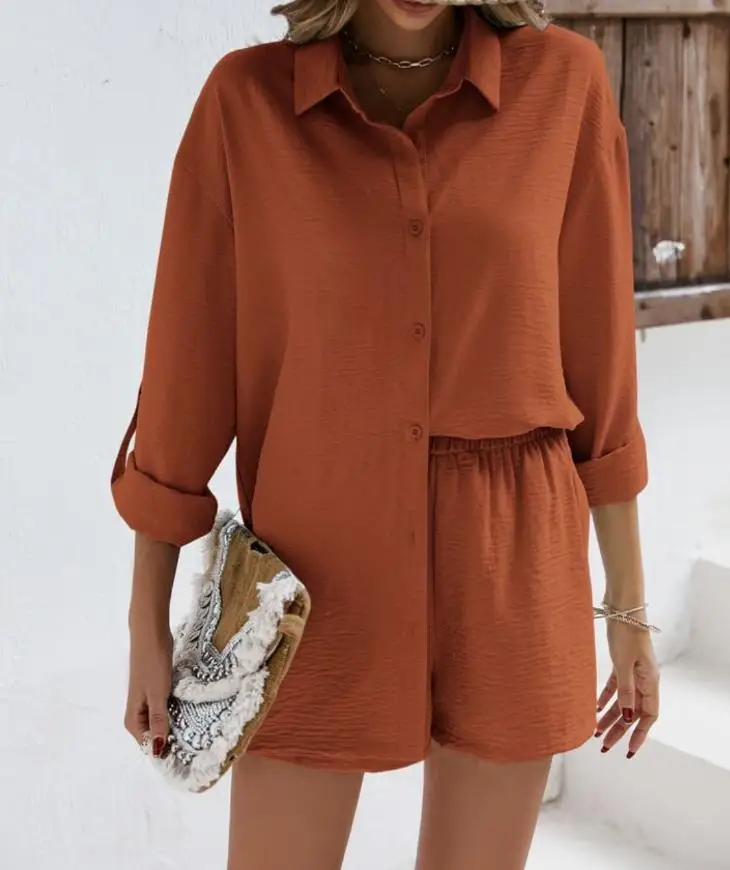 2 Piece Set Women Outfit 2023 Summer Fashion Roll Up Sleeve 2023 Summer Fashion Long Sleeve Shirt & Casual High Waist Shorts Set