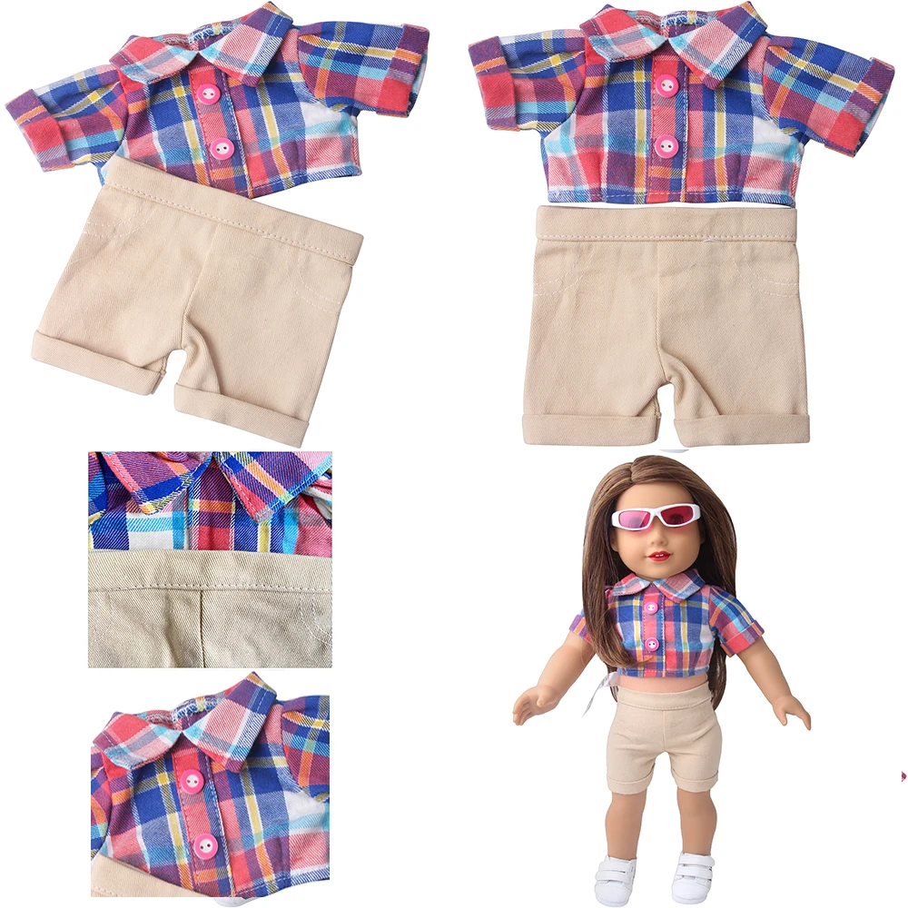 18 inch doll girl fashion set blue checkered short shirt kha