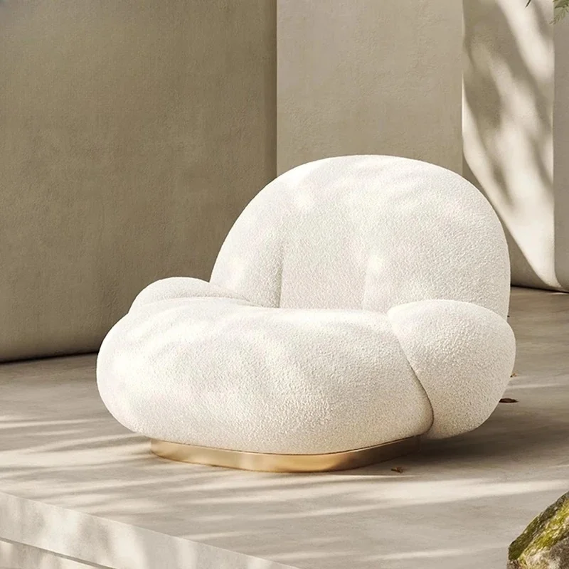 Retro luxury cream white lamb wool fabric recliner lounge chair