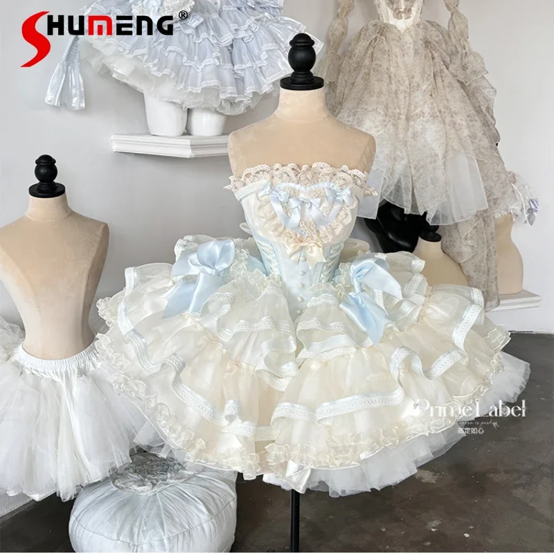 

White and Blue Lolita Princess Party Dress Womens Exquisite Elegant Bow Lace Splicing Sleeveless Strapless Ball Gown Dresses