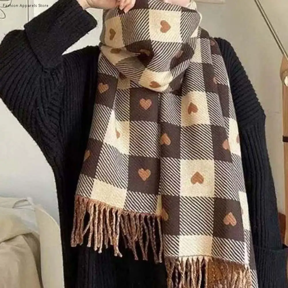 

Large Acrylic Fibers Plaid Knitted Scarf Long Warmer Heart Thickened Scarf Classic Soft Tassel Shawl Women