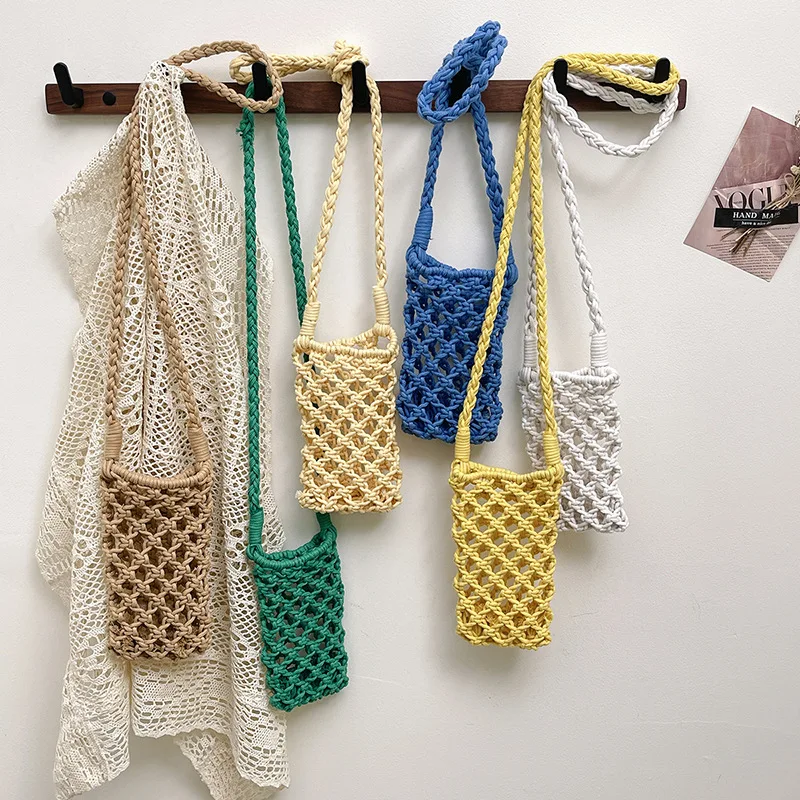 

New Cotton Threaded Hollowed-out Woven Bag Female, One-shoulder Oblique Span Bag, Candy-colored Phone Bag