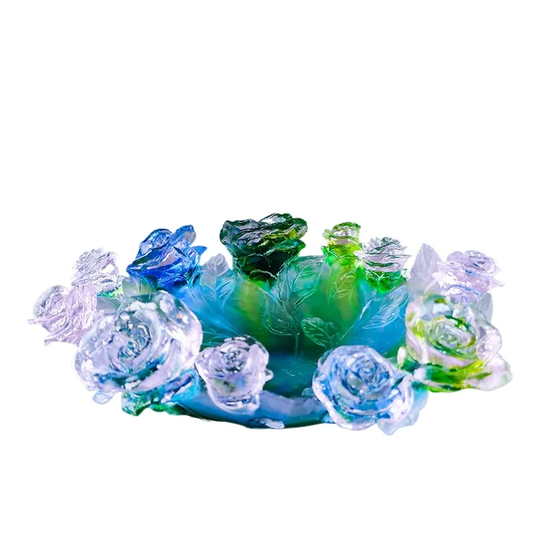 Ancient glazed entrance living room home, auspicious decoration housewarming new home gift rose fruit plate
