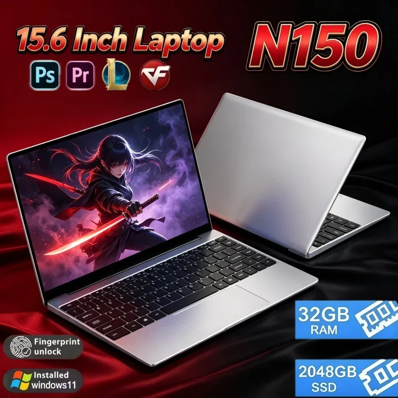 15.6 Inch Student Business Laptop Intel N150 Chip Win11 32GB RAM 2TB SSD Fingerprint Unlock Portable Office Notebook PC