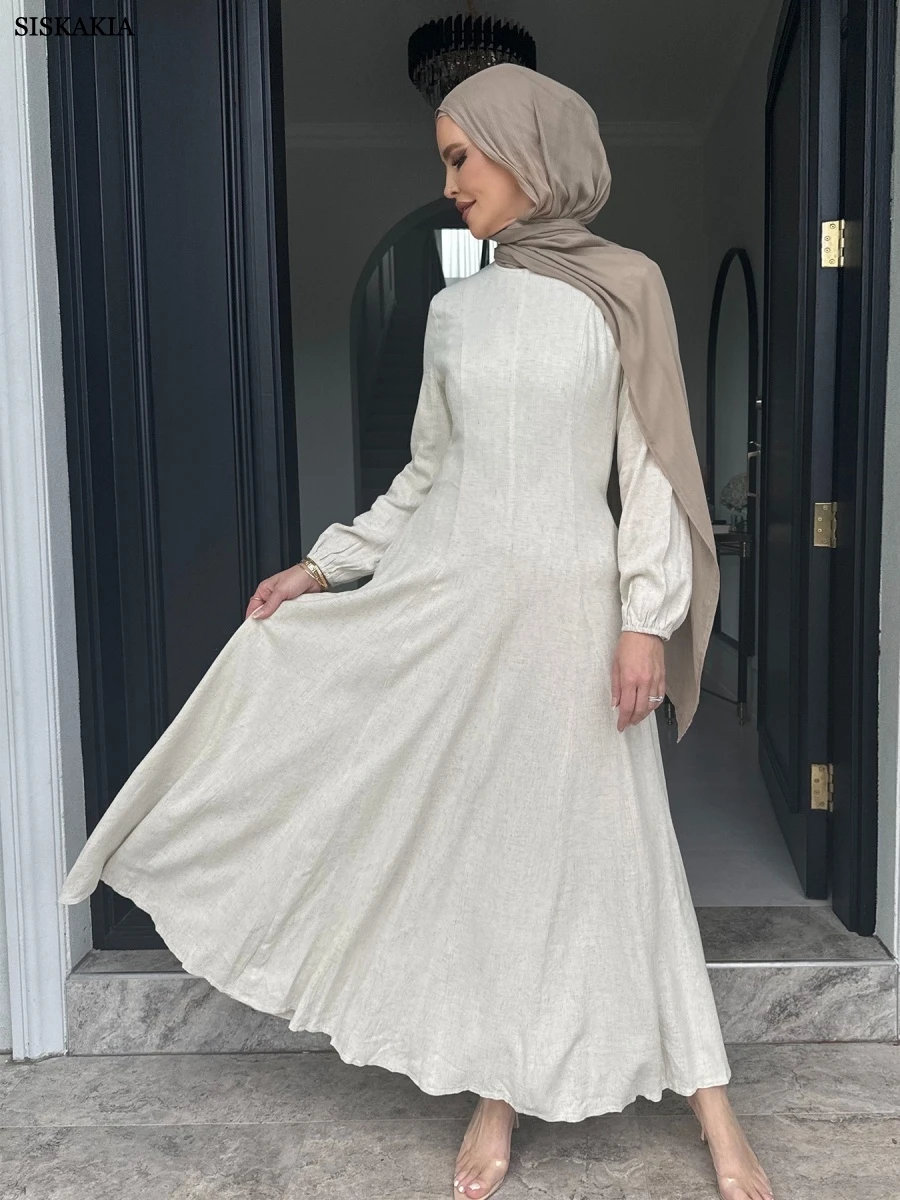 

Siskakia Muslim Elegant Solid Dress Feminine Clothes Dubai Bundled Sleeve Abaya Fashion Brief kaftan