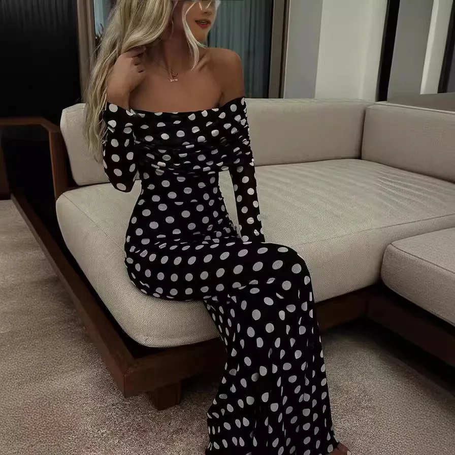 

Women's Dress with Mesh and Polka Dot Splicing, One Shoulder Sexy Slim Fit Dress for Spring and Summer 2025