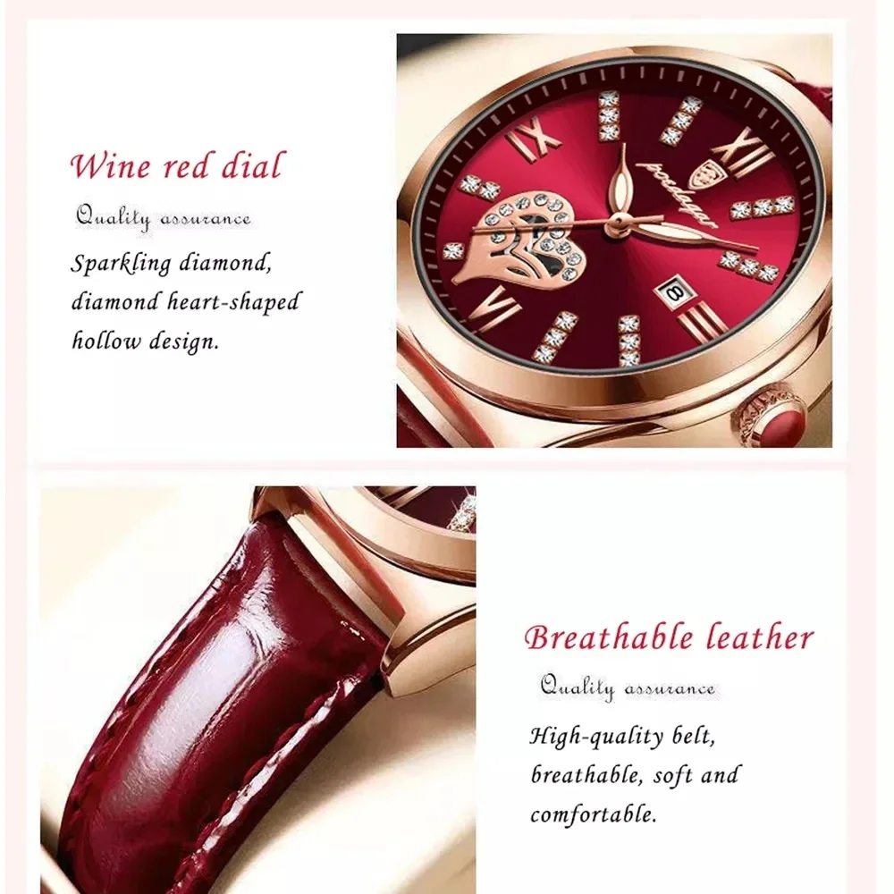 POEDAGAR 2022 Women Watches Fashion Leather Romance Red Dial Luxury Ladies Watch Waterproof Quartz Date Wristwatch