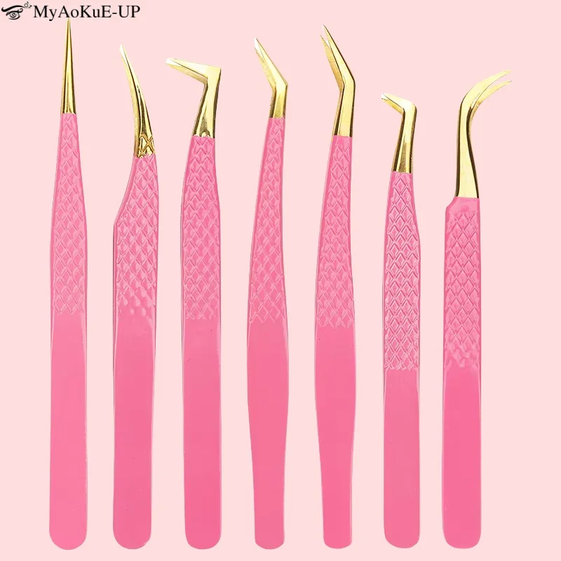 1 pçs pinças de extensão de cílios clipe de sobrancelha rosa aço inoxidável alta precisão cílios falsos pinças de levantamento ferramenta de maquiagem coreana