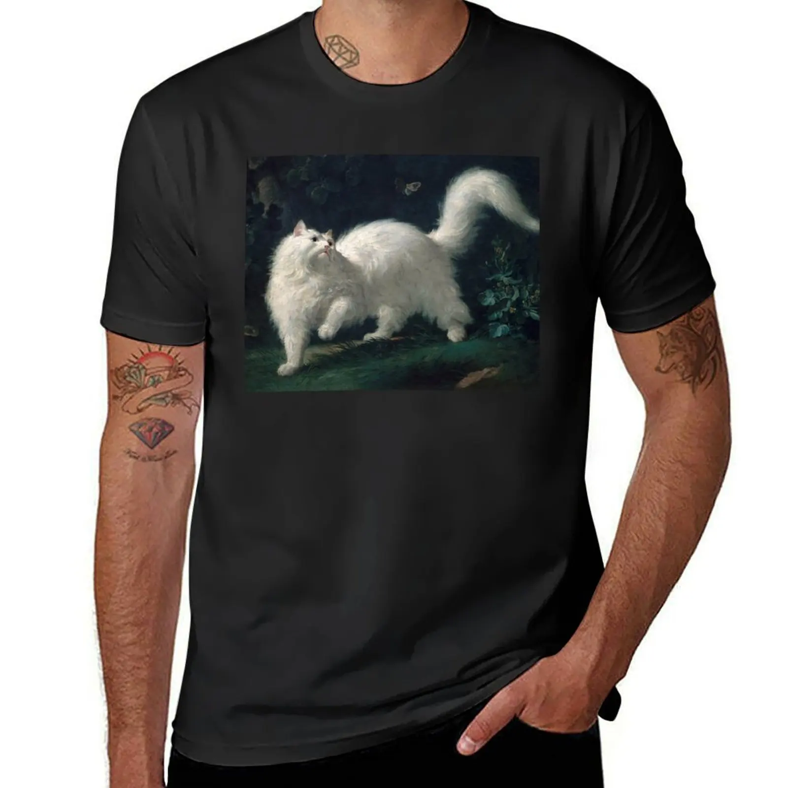 White Angora Cat Chasing A Butterfly - Jean Jacques Bachelier T-Shirt summer tops blanks plus sizes plain t shirts men