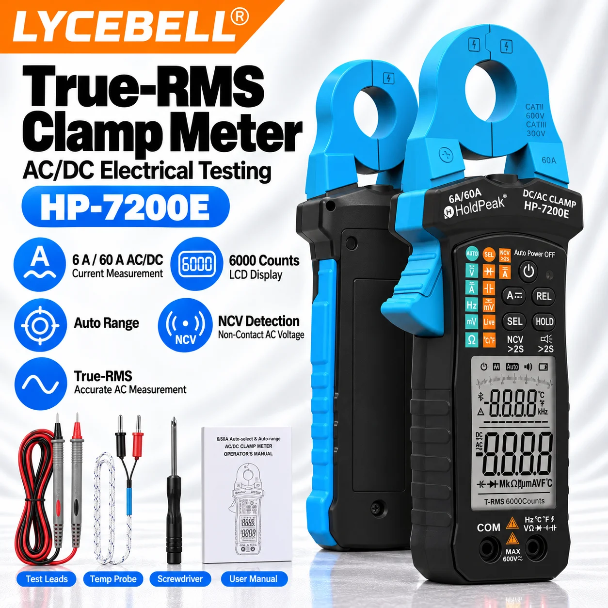 HoldPeak Digital Clamp Meter 7200E, True RMS, 6000 Counts, Auto Ranging, 6 A/60 A AC/DC Current, NCV, LIVE, Temperature for HVAC