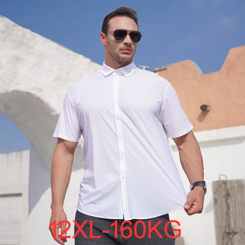 

160KG Summer Plus Size 12XL 10XL 11XL 3XL Men Shirt Short Sleeve White Black Business Office Dress Shirt