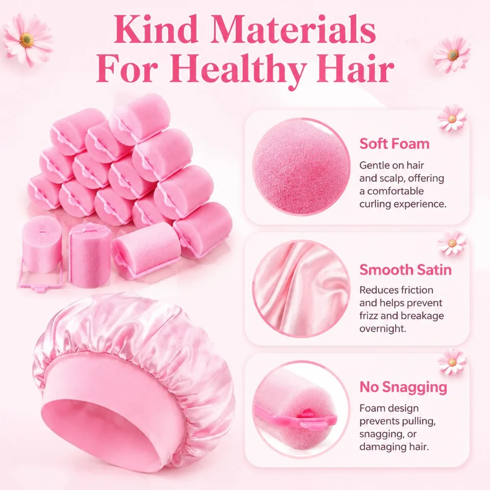 Sponge Hair Rollers with Satin Sleep Cap Set Soft Foam Hair Curlers No Heat DIY Hair Styling Tools Reusable Hair Roller Curls view 2