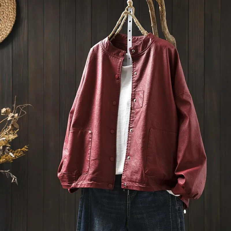 Luźna damska kurtka ze skóry PU ze stójką, wiązana w dół, w stylu retro, inspirowana Hong Kongiem, motocyklowa, dojazdy do pracy, długa...