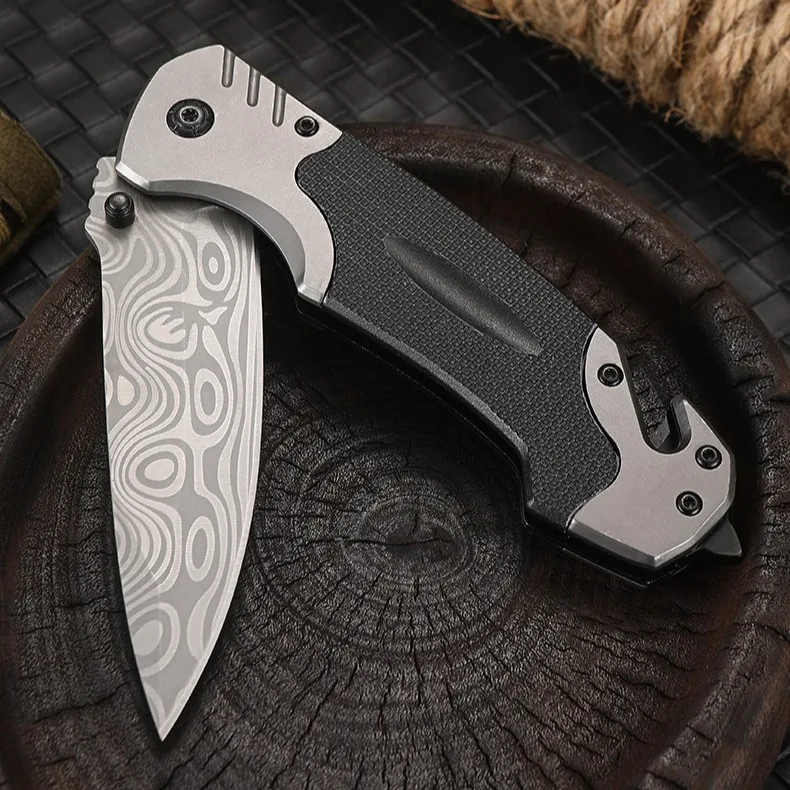 Outdoor Damascus pattern survival knife camping folding knife stainless steel Blade G10 Handle pocket knife with back clip