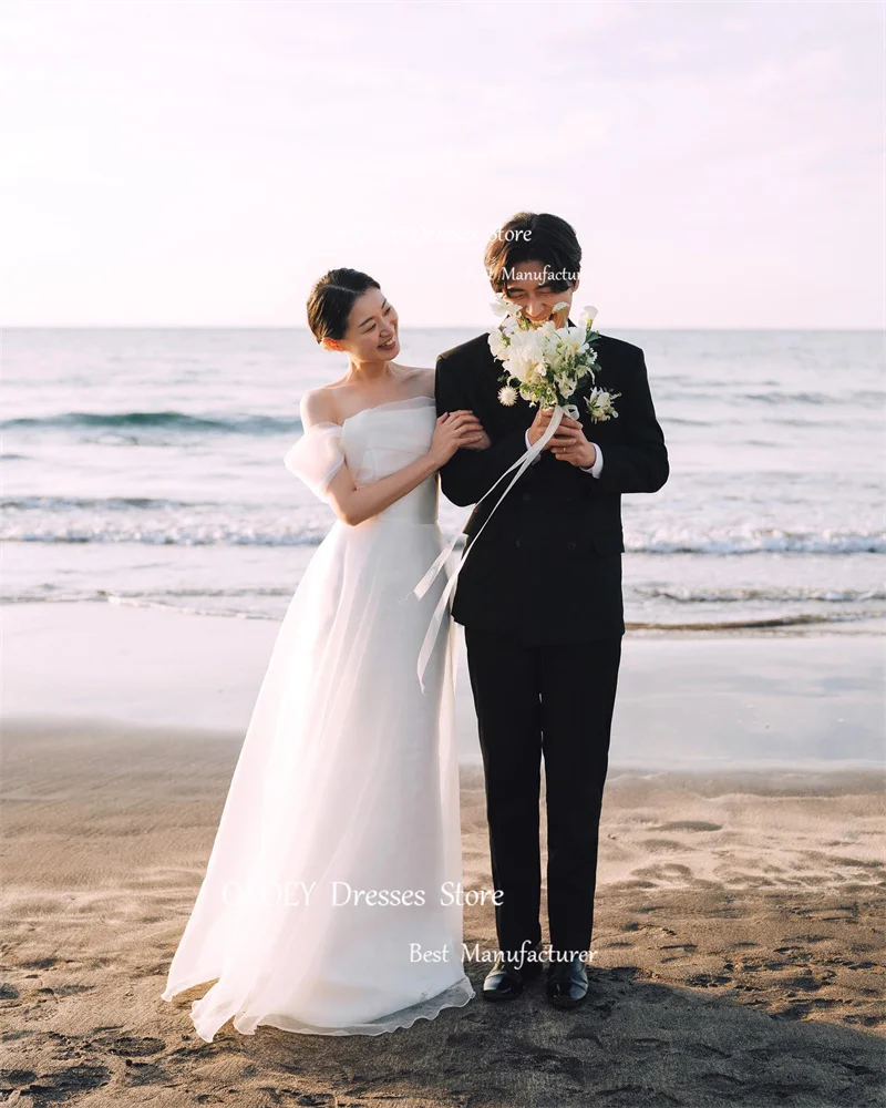 OLOEY Simple A Line Organza Wedding Dresses Korea Photoshoot Off Shoulder Sleeves Floor Length Bridal Gowns Custom Made