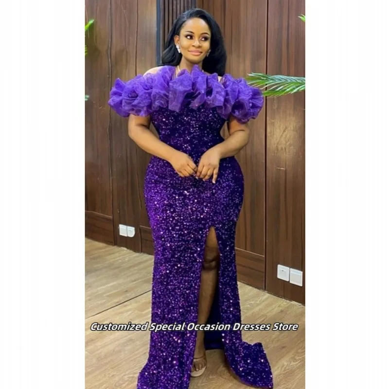 Dark Purple Ruffles Off The Shoulder Evening Dresses Long High Split Mermaid Prom Dress Nigerian Wedding Party Gowns Customized