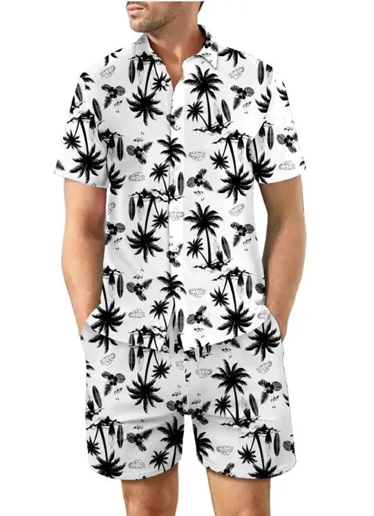 Flower print Hawaiian 2Pcs Set 3D leaf Print Shirt Sets Men Tracksuit Beach Short sleeve Daily Sportswear Shirt Set Two-pieces