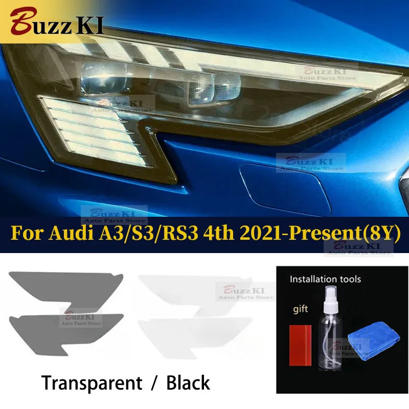 

Для Audi A3 8Y S3 RS3 2021 2022 2023, аксессуары, защитная пленка для автомобильных фар, предварительно вырезанная пленка, дымчато-черная прозрачная наклейка из ТПУ