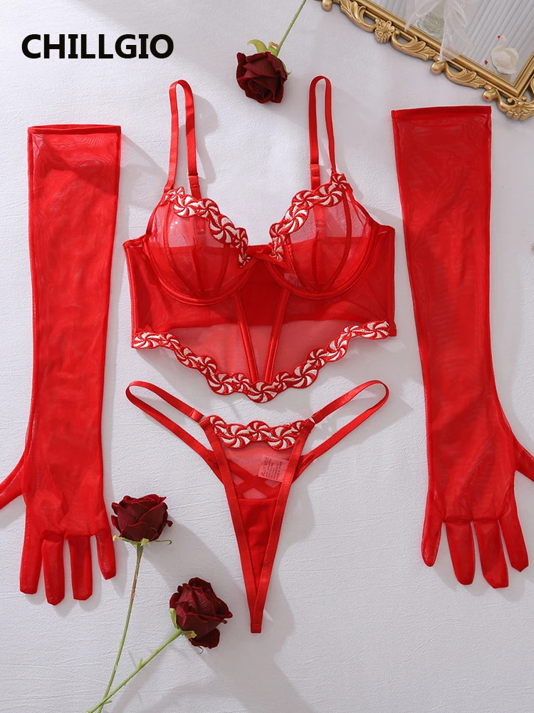 

CHILLGIO женский сексуальный сетчатый бюстгальтер пуш-ап, короткие костюмы, прозрачное нижнее белье на косточках, трусики, перчатки, облегающий комплект нижнего белья из трех предметов